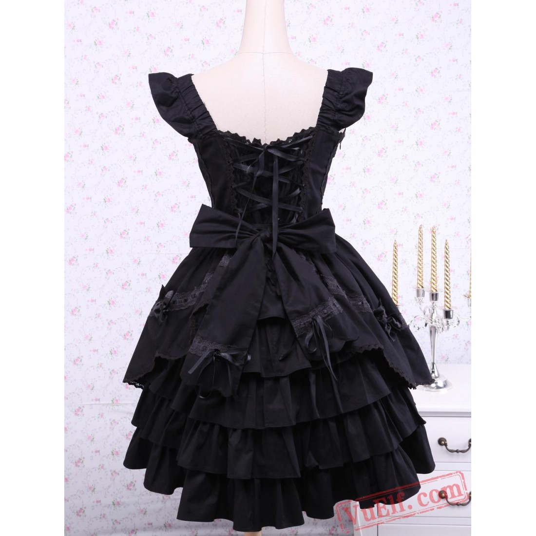 Black Bows Ruffles Cotton Gothic Lolita Dress