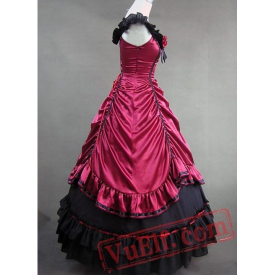 Deep Red and Black Satin Gothic Victorian Gown