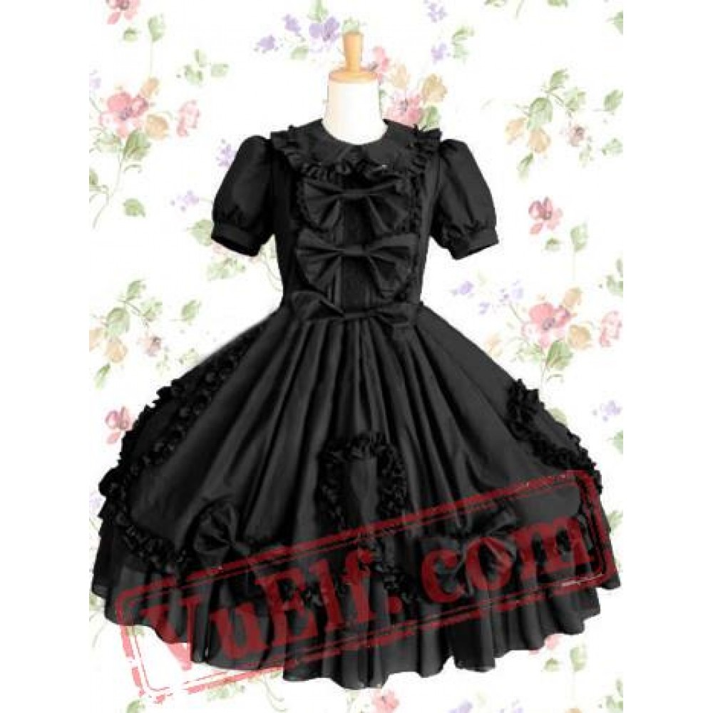 Black Short Sleeves Bows Cotton Gothic Lolita Dress