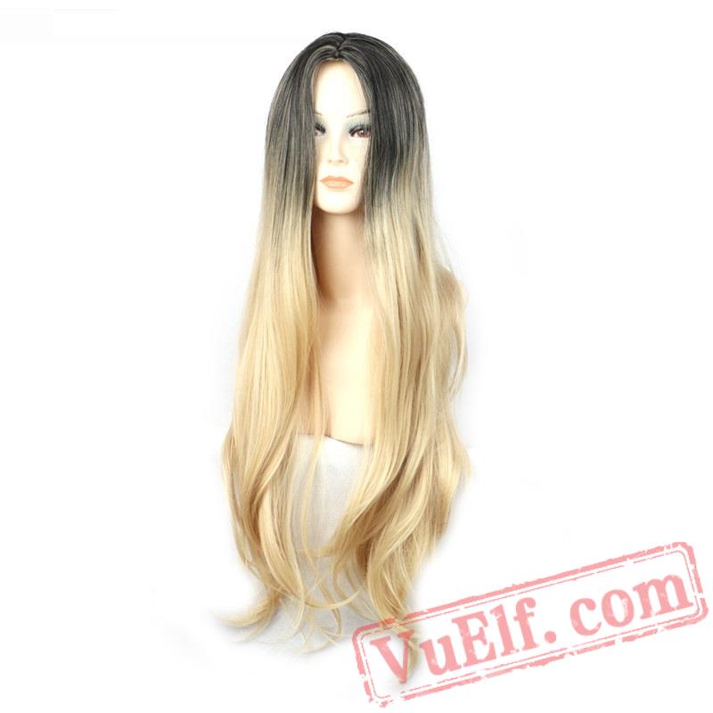 Woman Straight Long Blonde Wig Dark Roots Blonde Hair