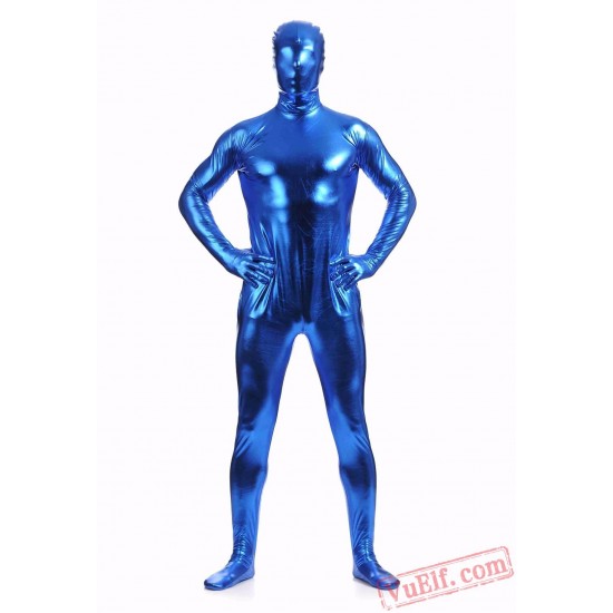 Blue Shiny Metalic Mens Lycra Spandex BodySuit