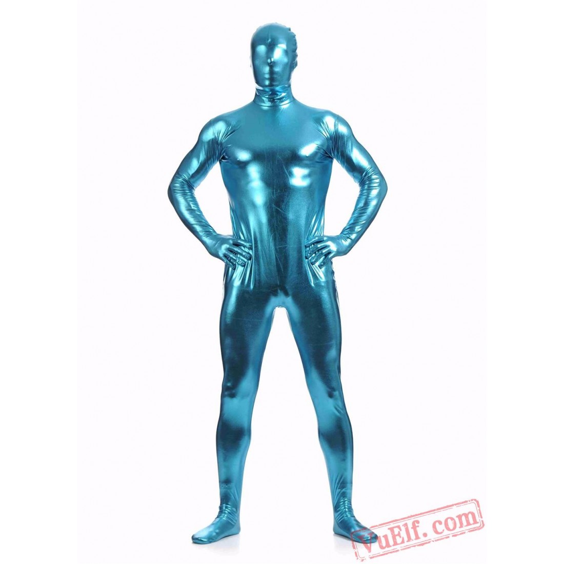 Blue Shiny Metalic Mens Lycra Spandex BodySuit | Zentai Suit