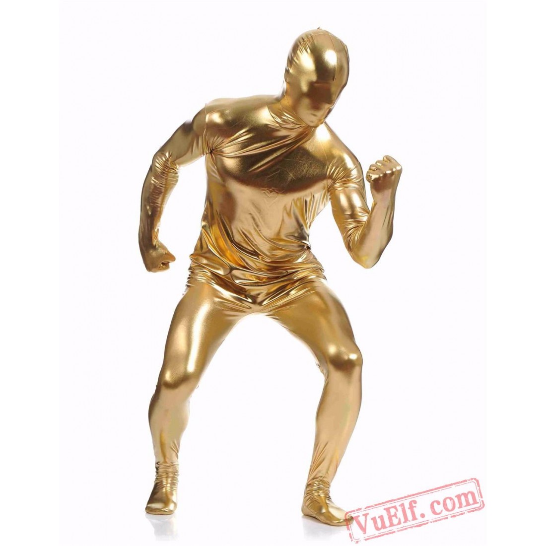 Gold Shiny Metalic Mens Lycra Spandex Bodysuit Zentai Suit